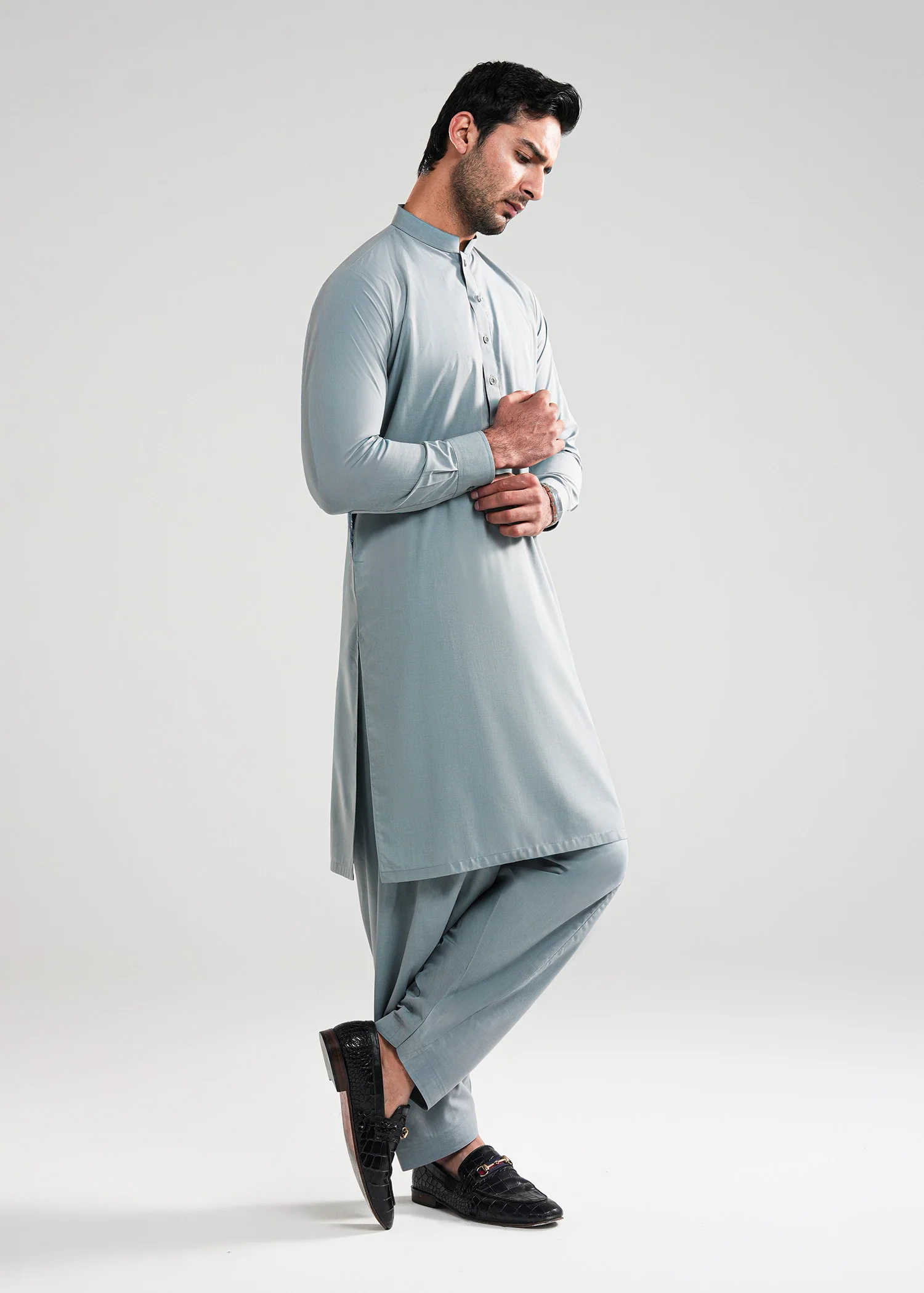 Cadet Grey Melange Kunhaar Summer Wash & Wear Shalwar Kameez - Image 4