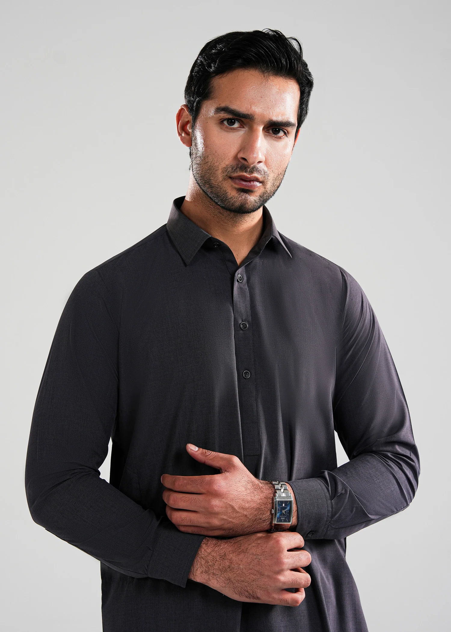 Charcoal Grey Melange Kunhaar Summer Wash & Wear Shalwar Kameez - Image 2