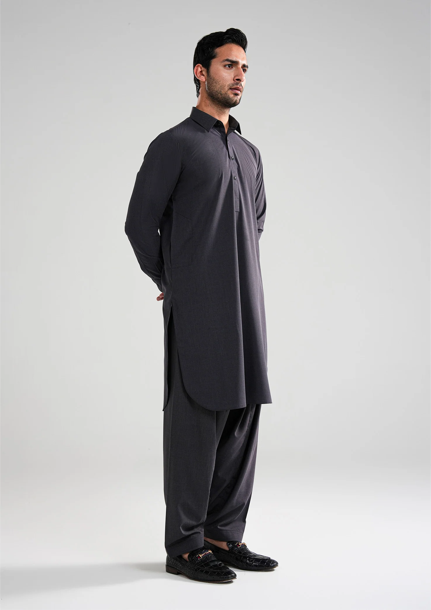 Charcoal Grey Melange Kunhaar Summer Wash & Wear Shalwar Kameez - Image 4