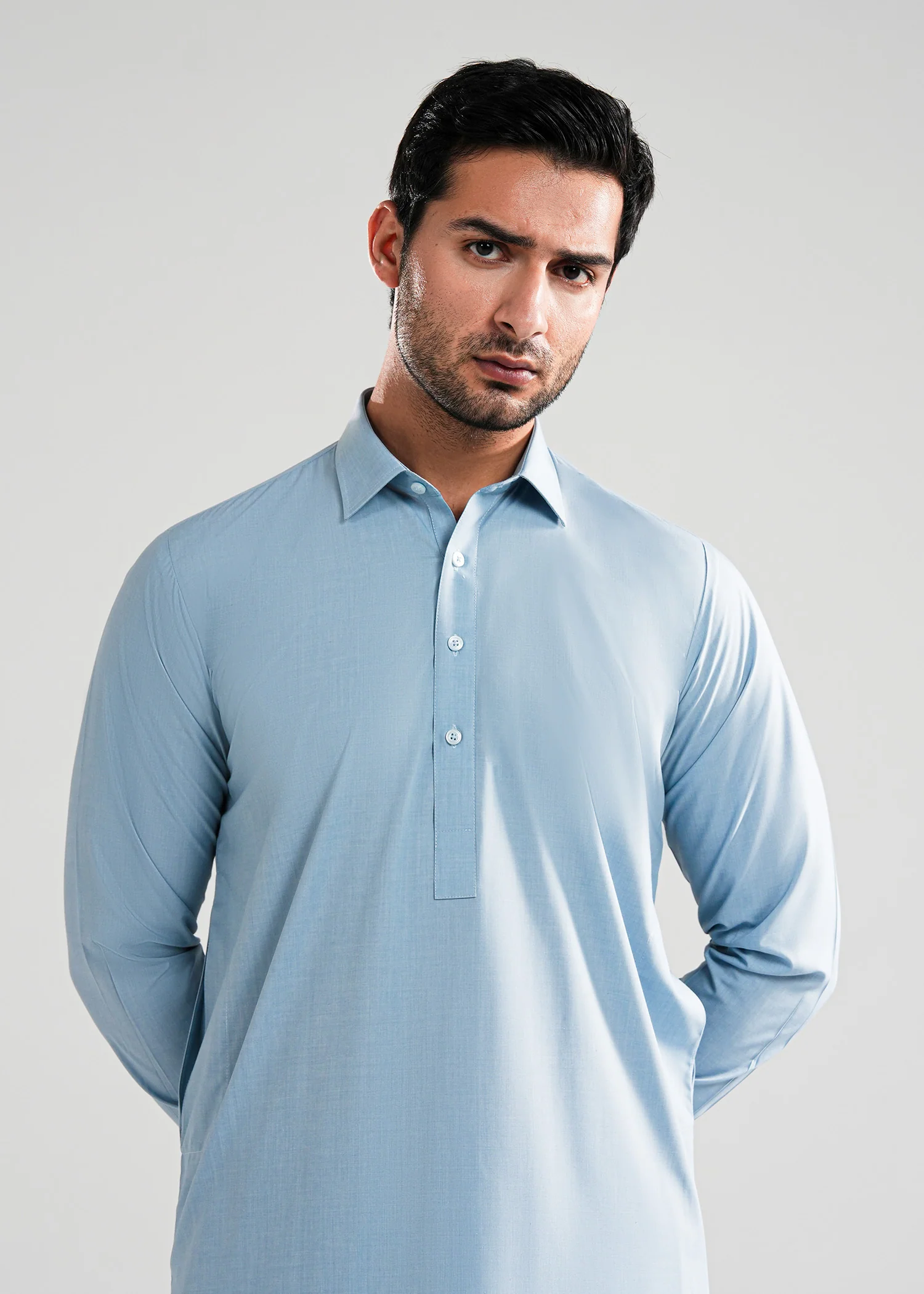 Light Blue Textured Kunhaar Summer Wash & Wear Shalwar Kameez - Image 2