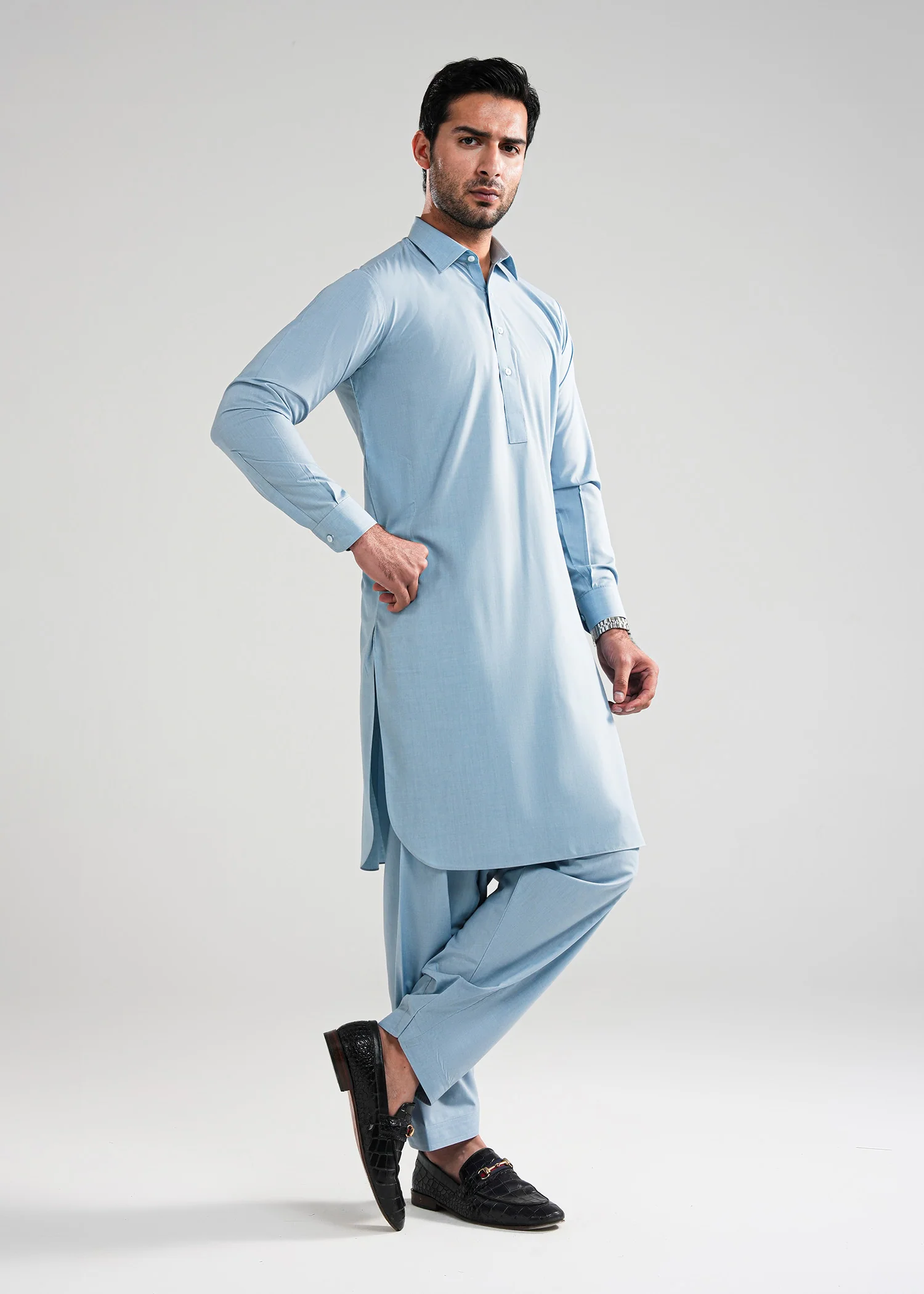 Light Blue Textured Kunhaar Summer Wash & Wear Shalwar Kameez - Image 3