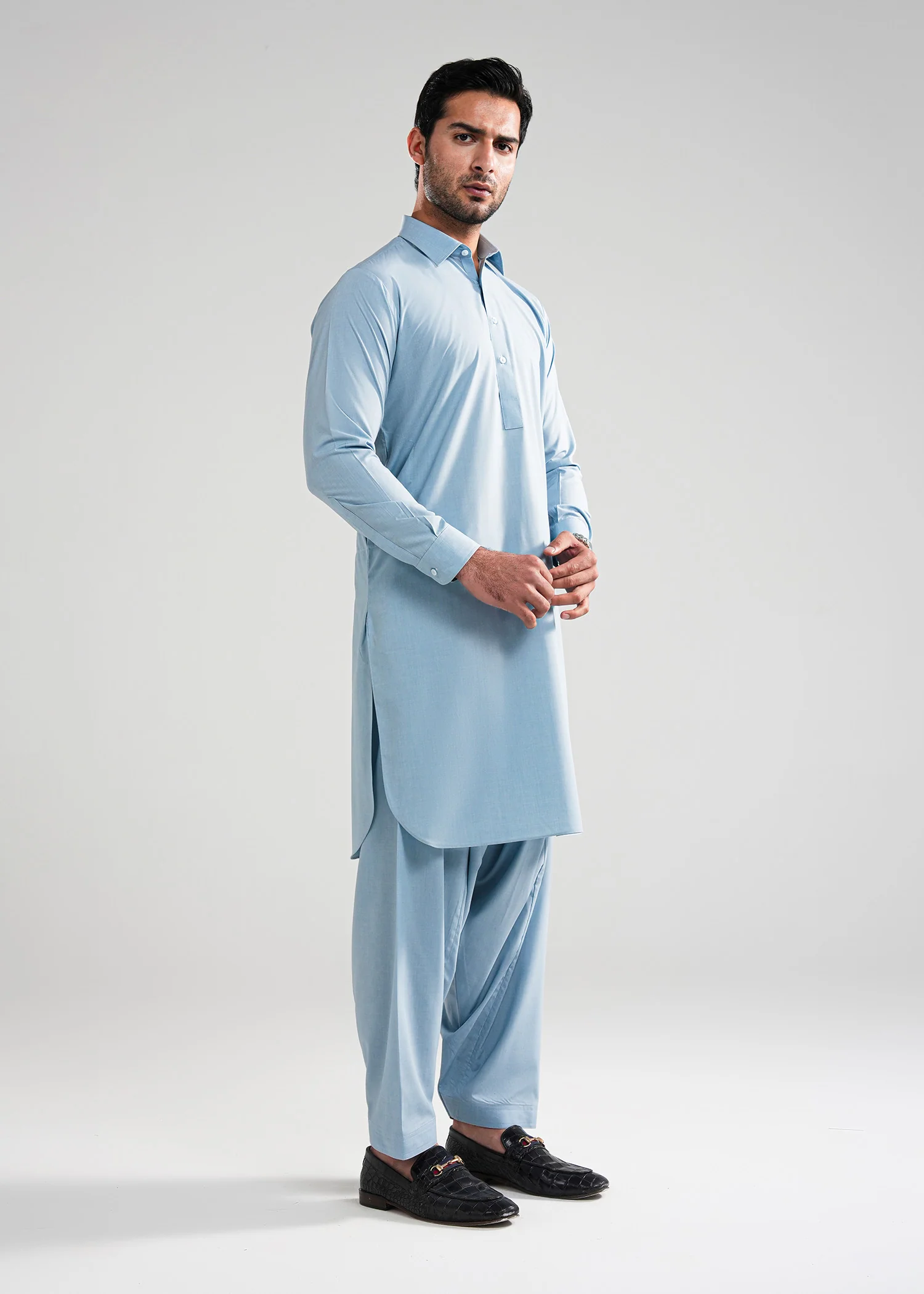 Light Blue Textured Kunhaar Summer Wash & Wear Shalwar Kameez - Image 5