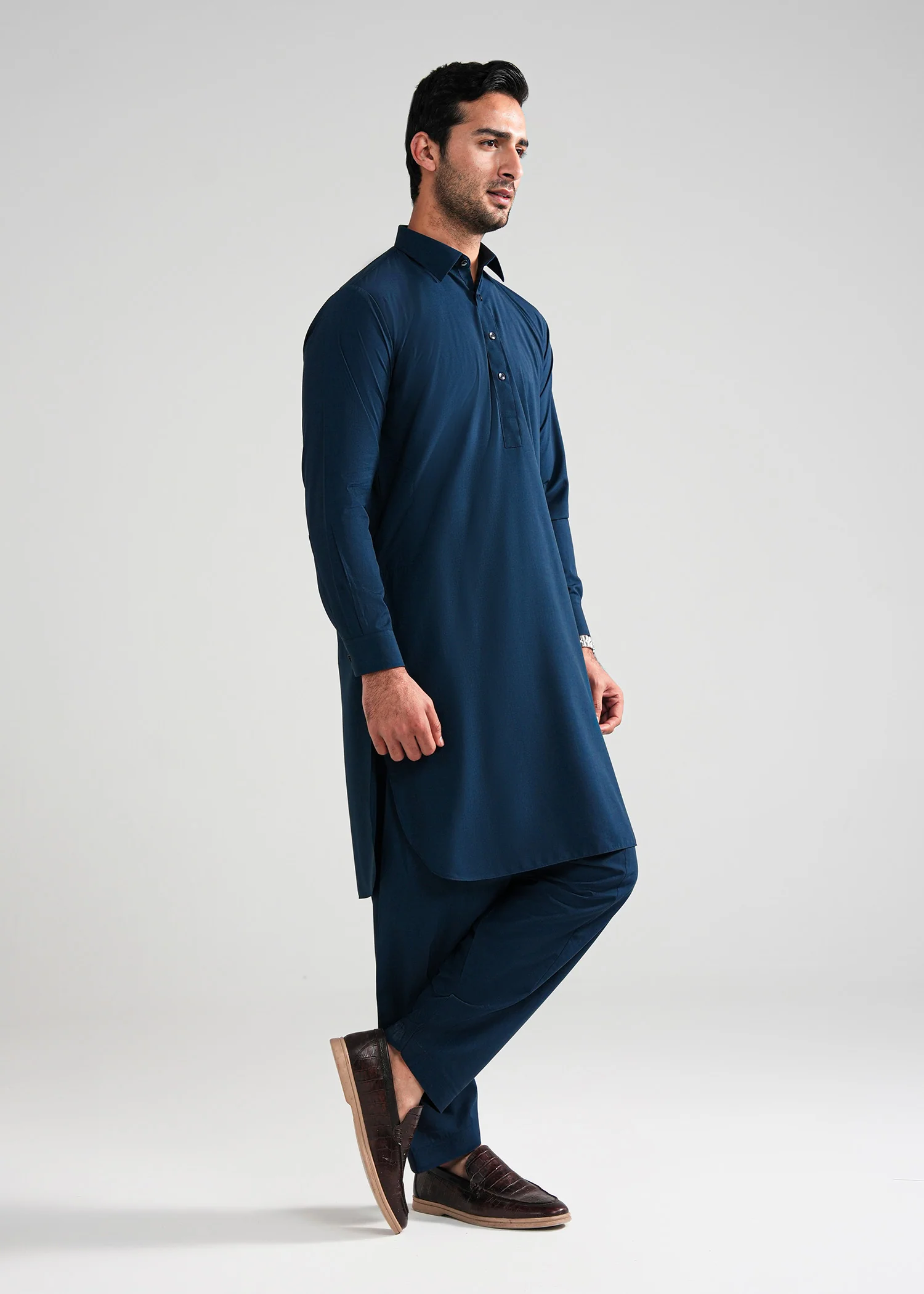 Prussian blue Melange Kunhaar Summer Wash & Wear Shalwar Kameez - Image 3