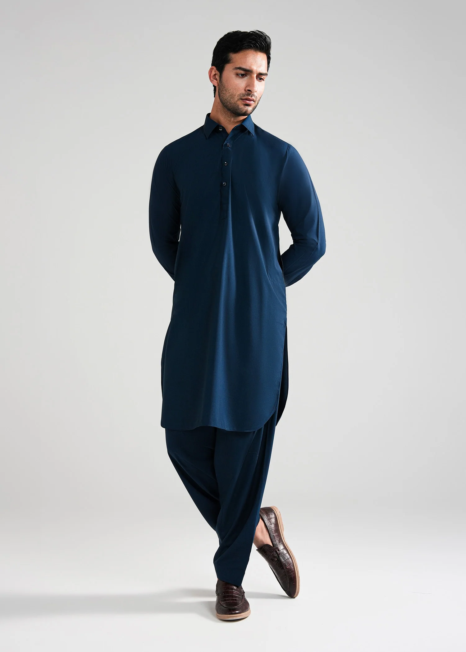 Prussian blue Melange Kunhaar Summer Wash & Wear Shalwar Kameez - Image 4