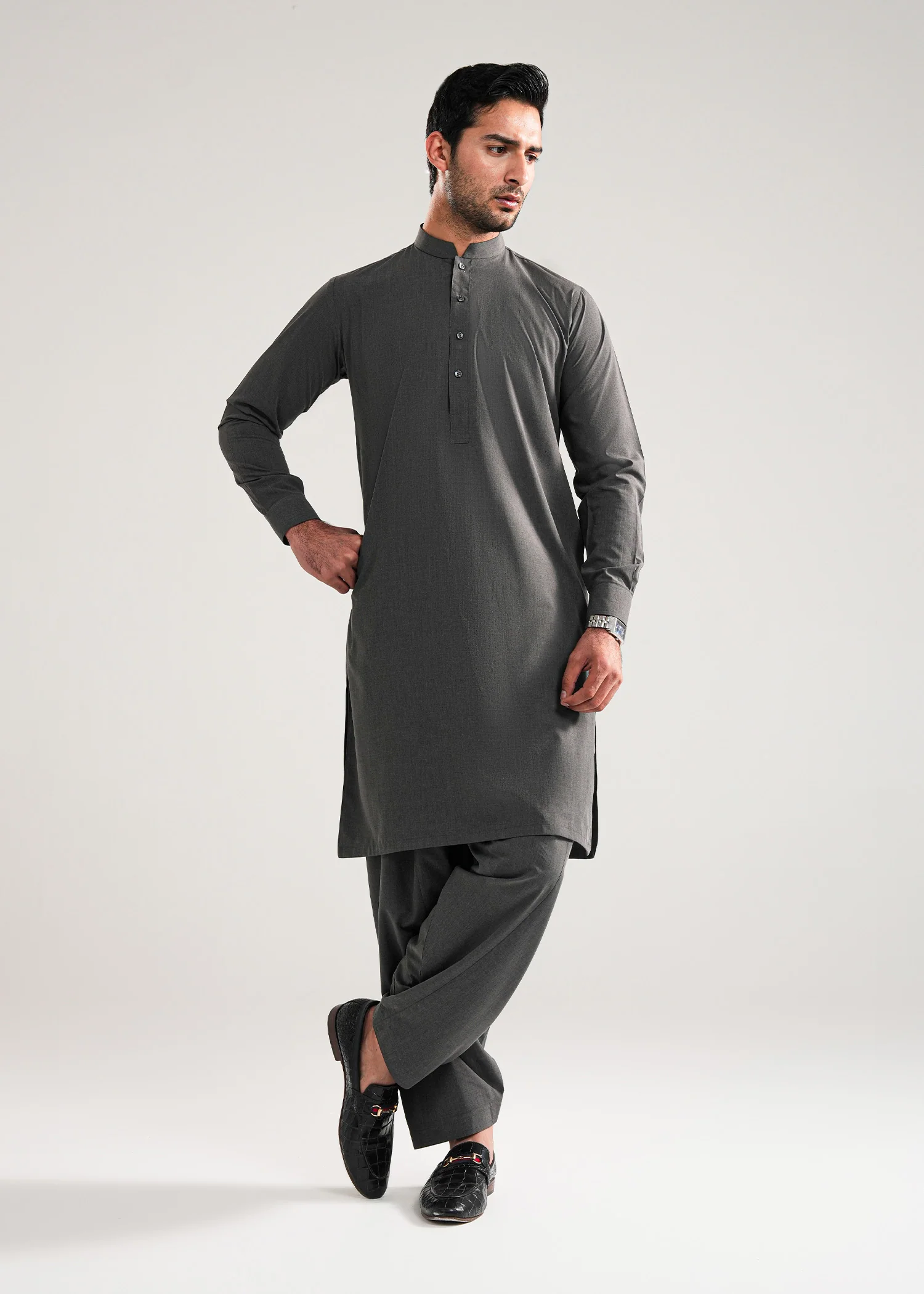 Smoke Grey Melange Kunhaar Summer Wash & Wear Shalwar Kameez - Image 3