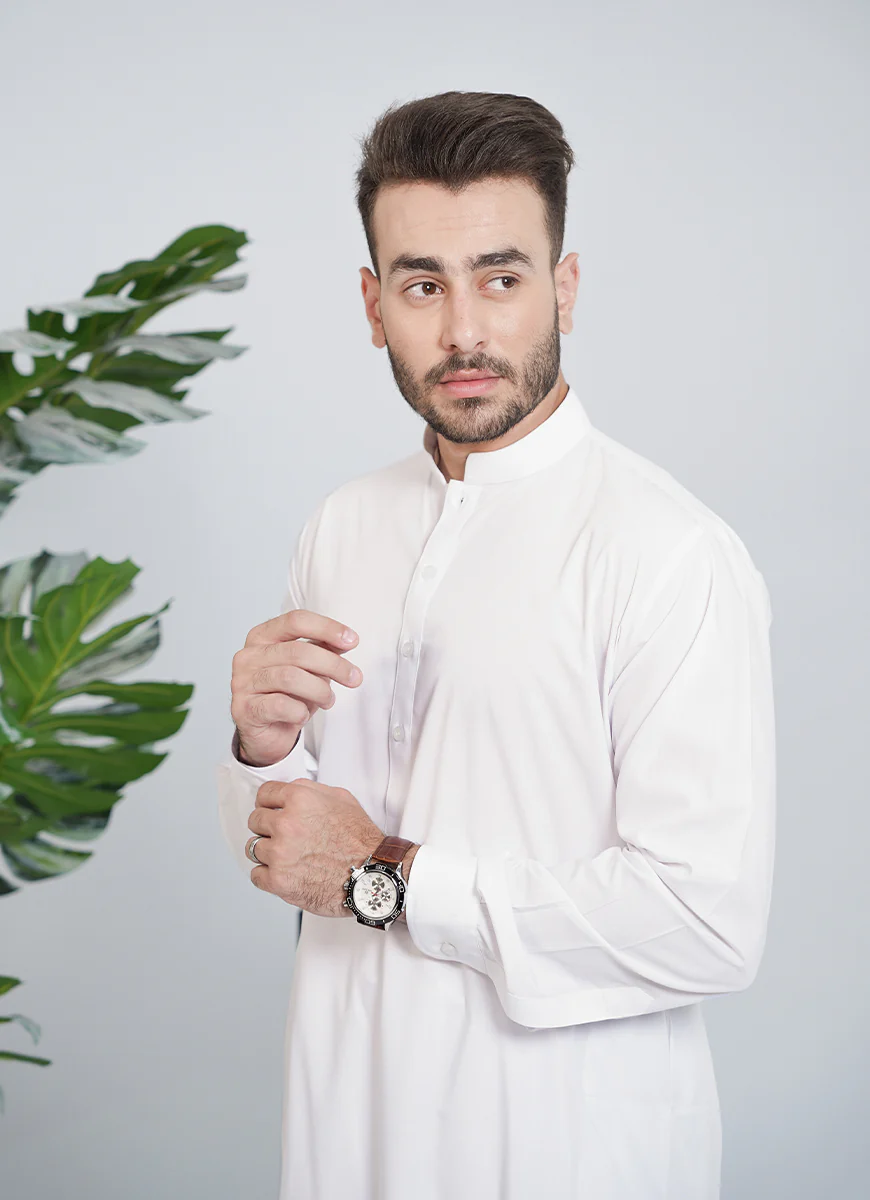 White Saltoro Summer Wash & Wear Shalwar Kameez - Image 2