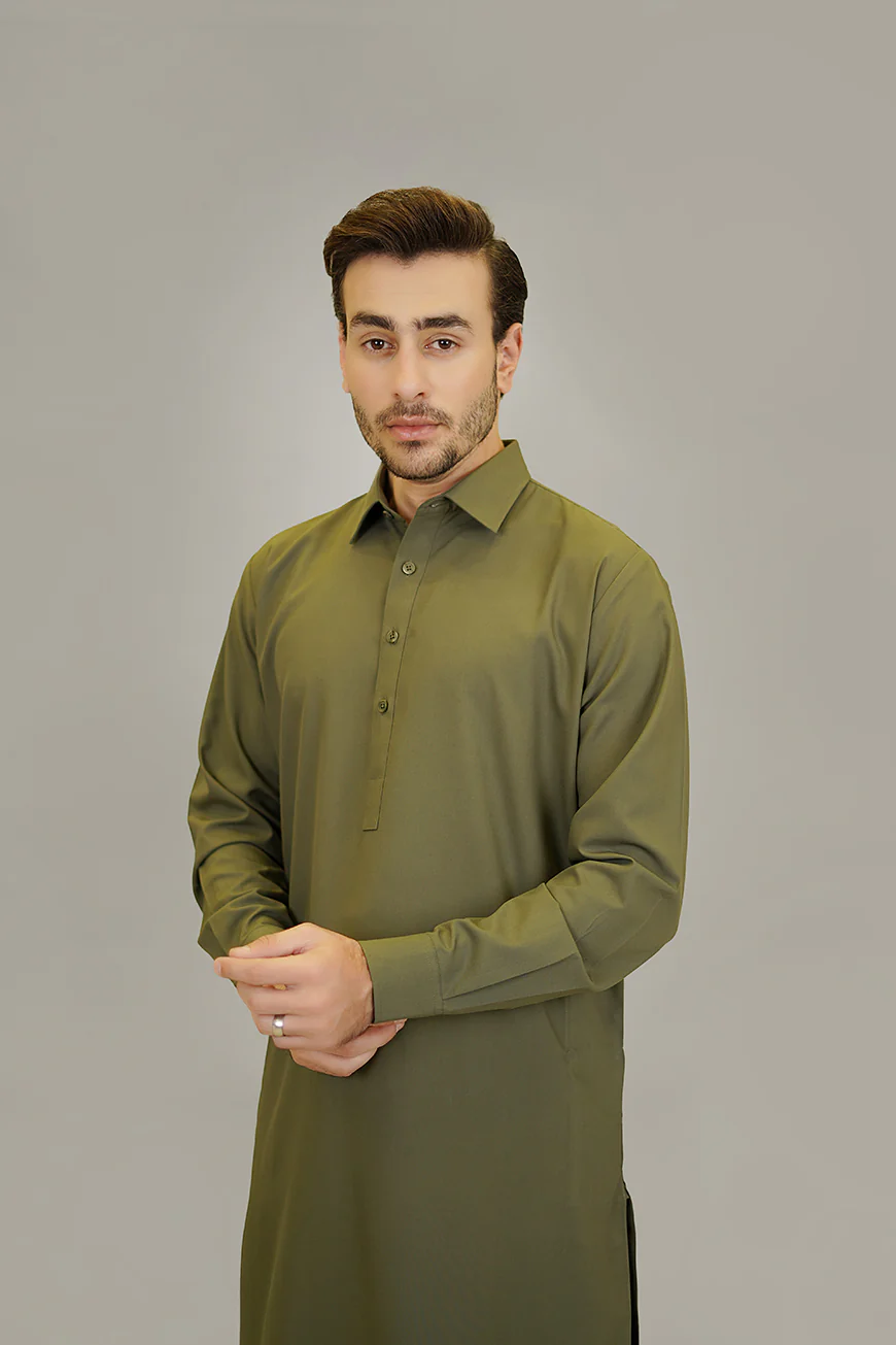 Shalwar Kameez - Sharda Olive Green Plain - Image 2