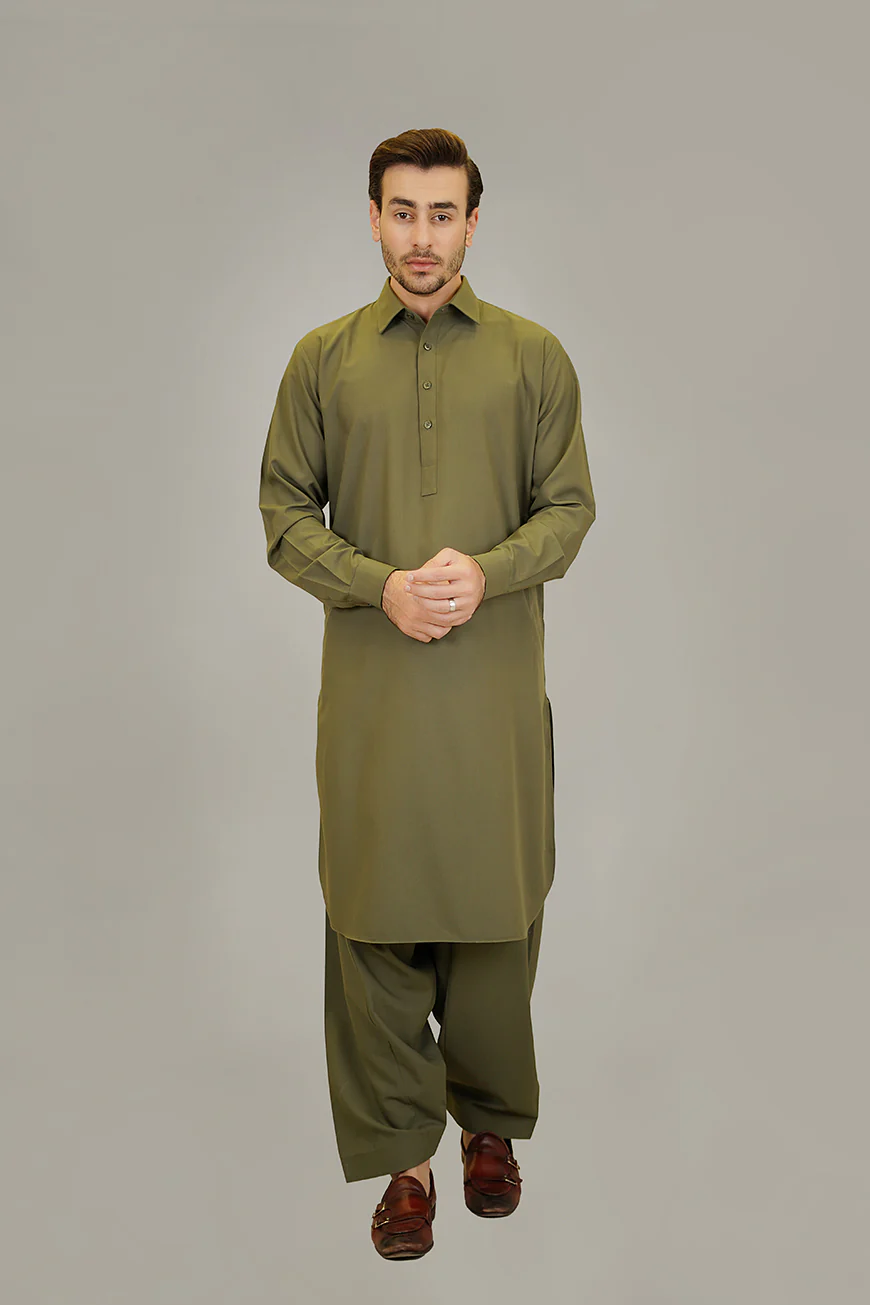 Shalwar Kameez - Sharda Olive Green Plain - Image 3
