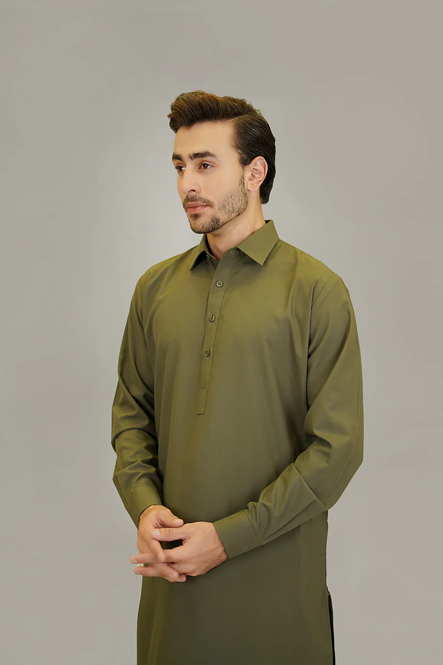 Shalwar Kameez - Sharda Olive Green Plain - Image 4