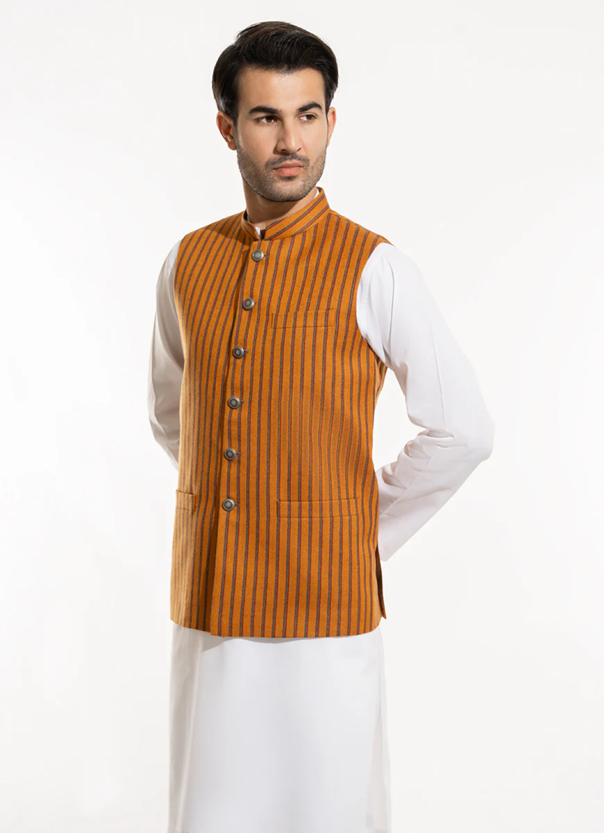 StripesGreen Wool Rich Worsted Tweed - Winter Waist Coat - Image 3