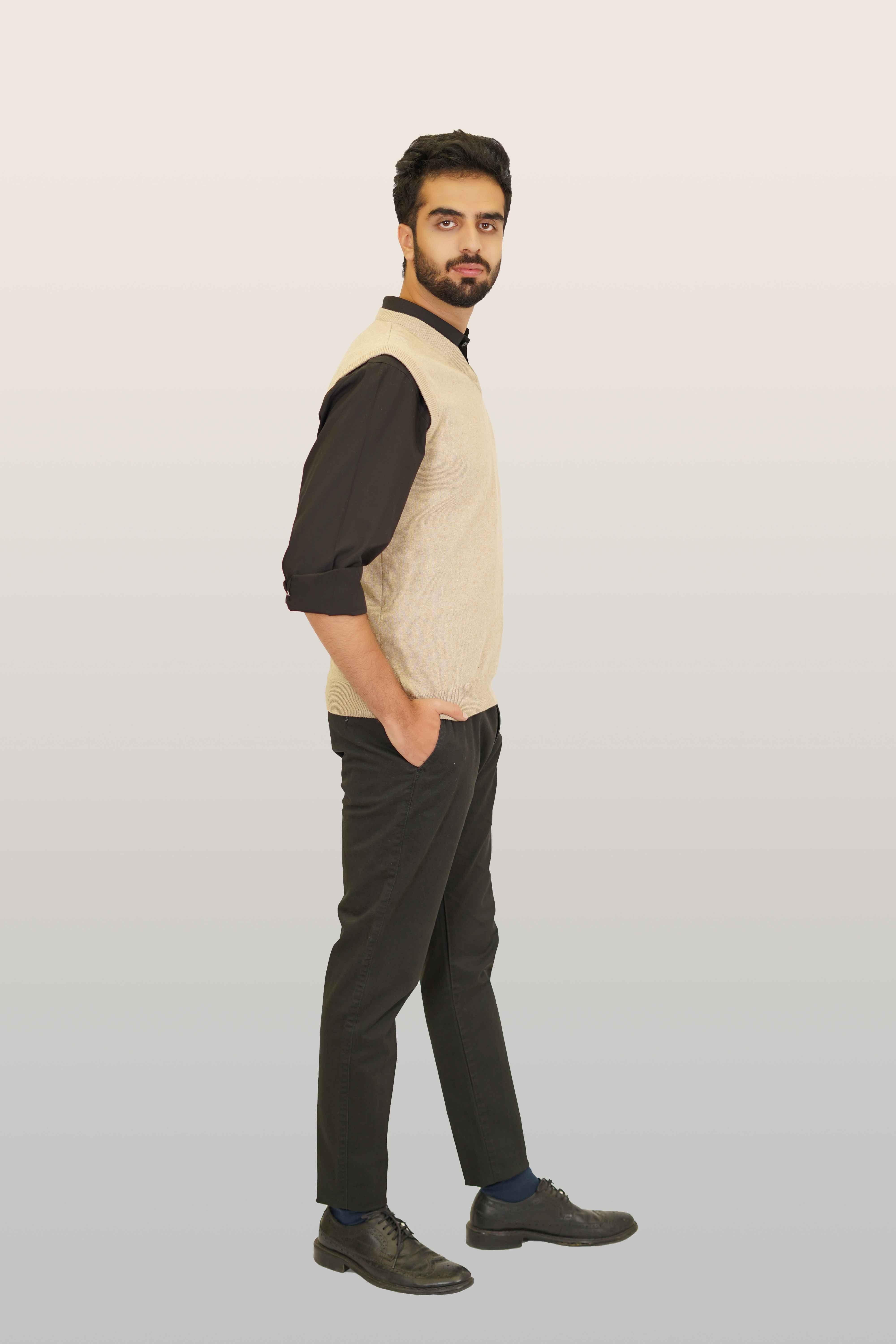 Sleeveless V-Neck Sweater - 100% Cotton - Beige Regular Fit - Image 3