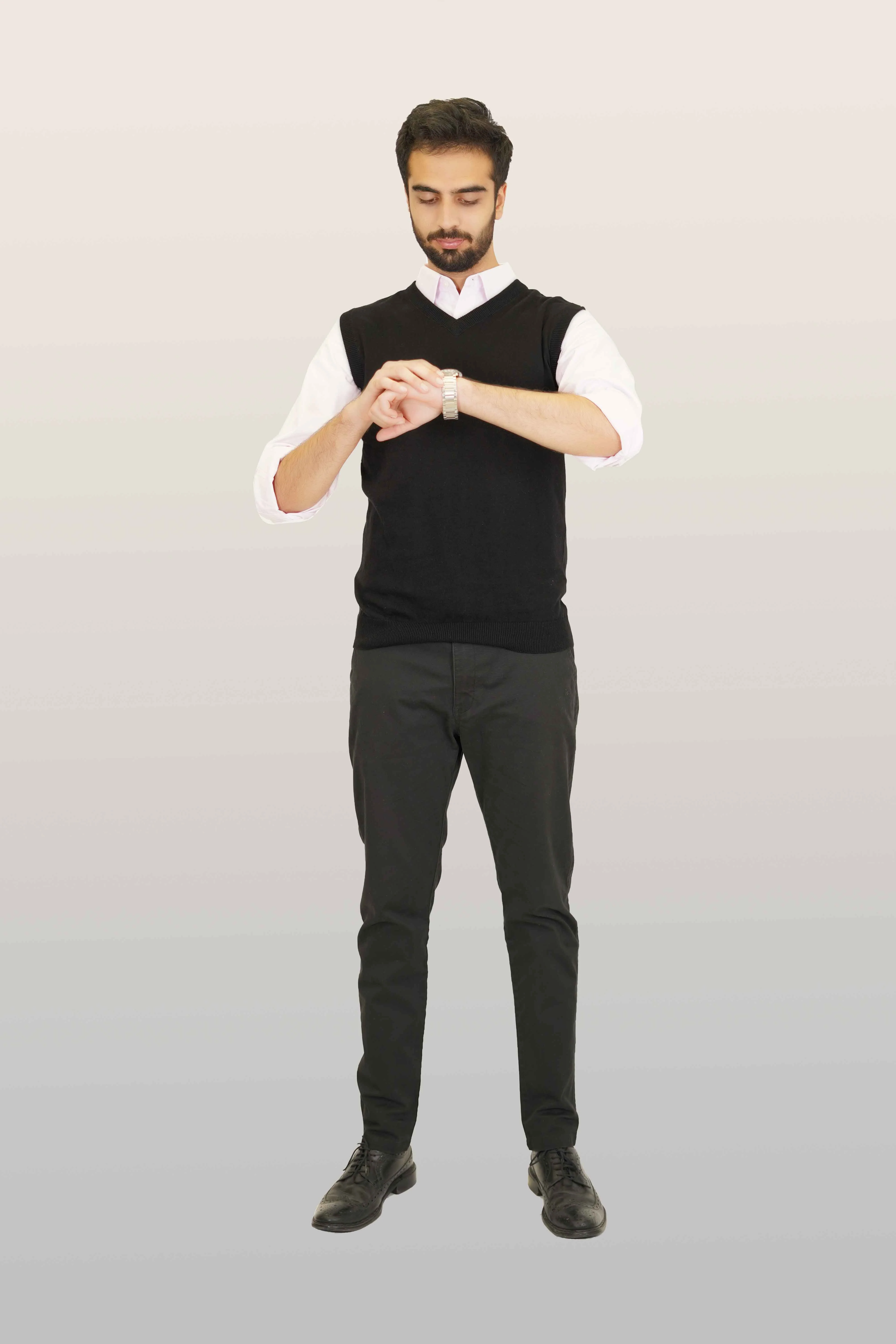 Sleeveless V-Neck Sweater - 100% Cotton - Black Regular Fit - Image 3