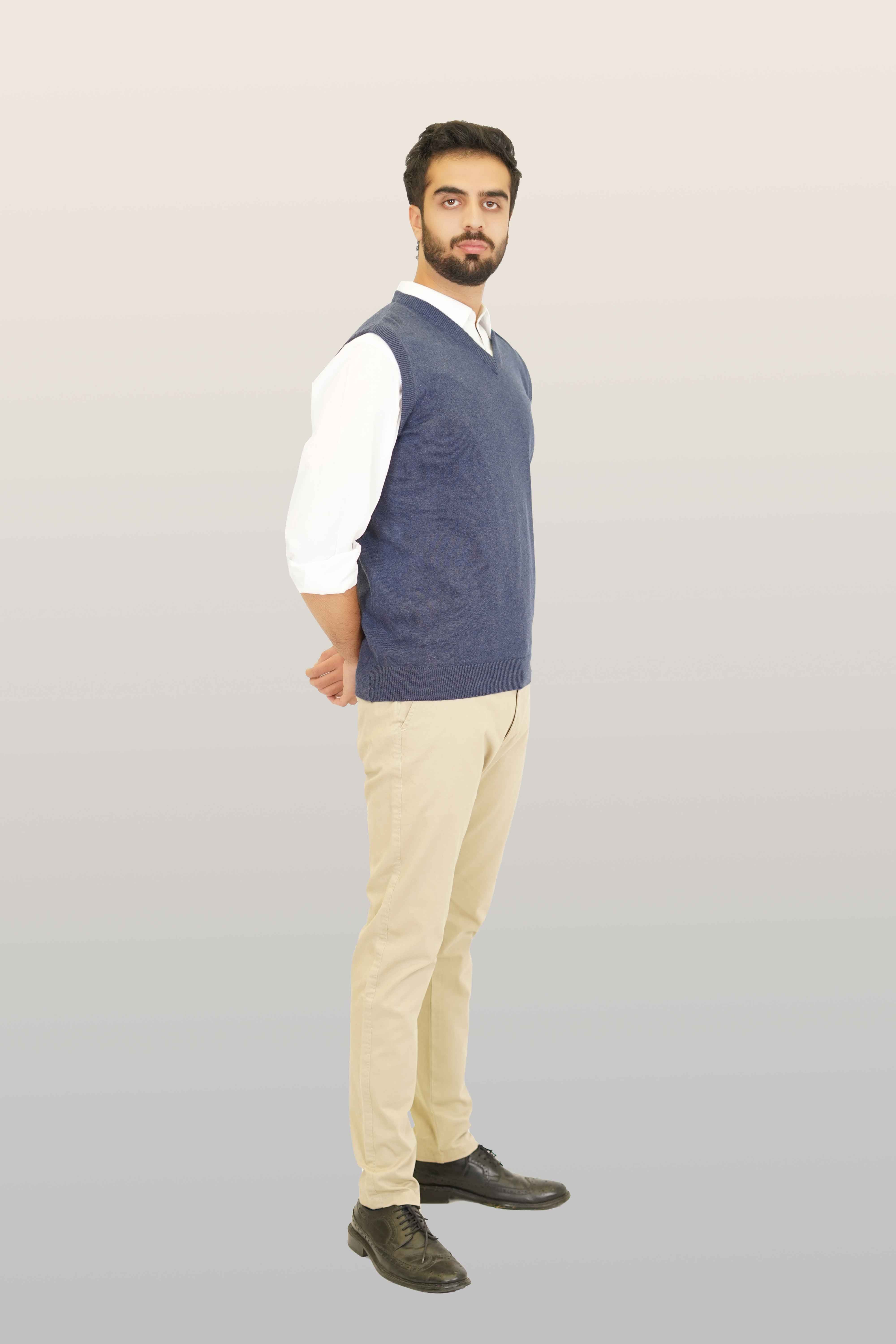 Sleeveless V-Neck Sweater - 100% Cotton - Blue Regular Fit - Image 3