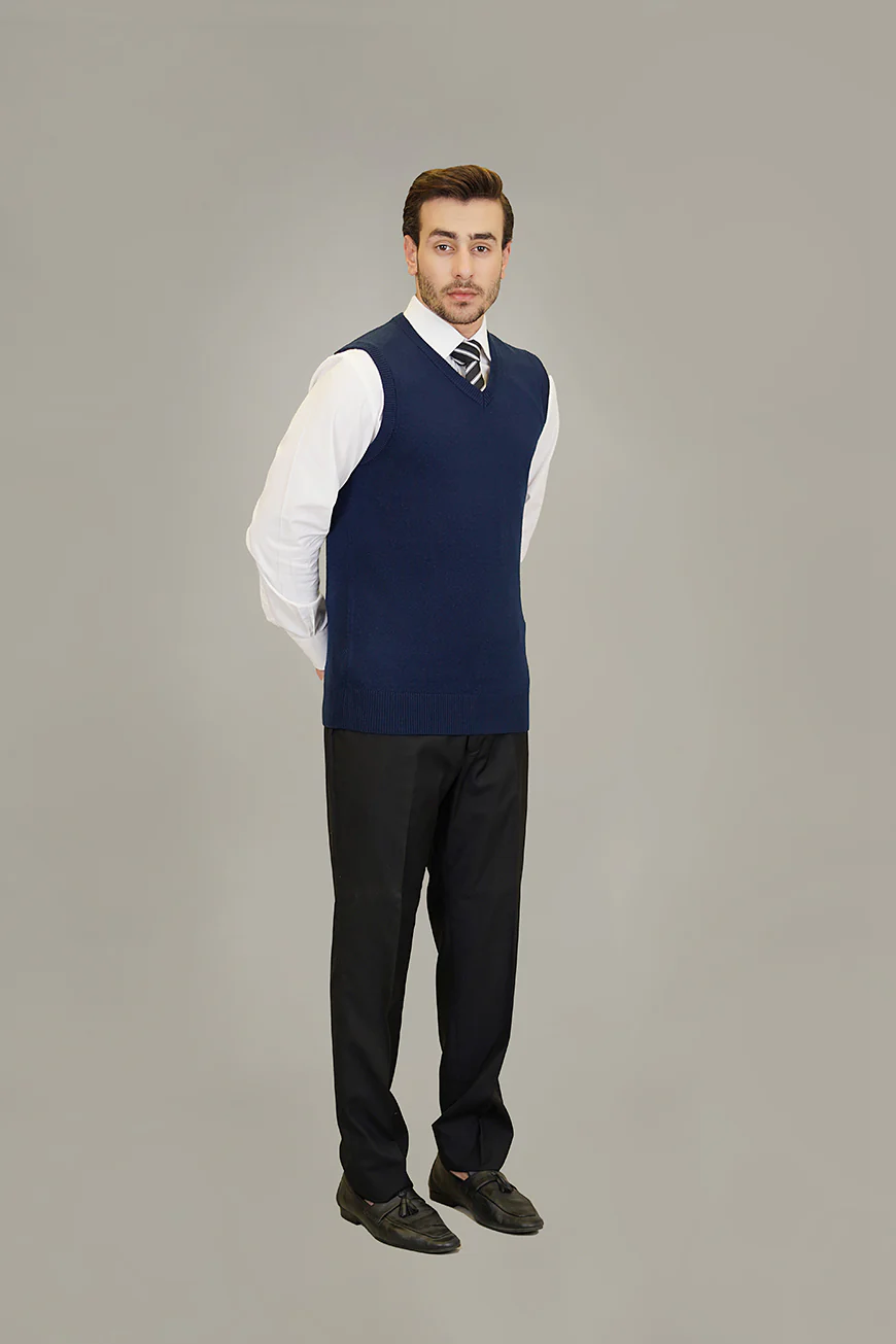 Sleeveless V-Neck Sweater - Marino Wool - Navy Blue Regular Fit - Image 3