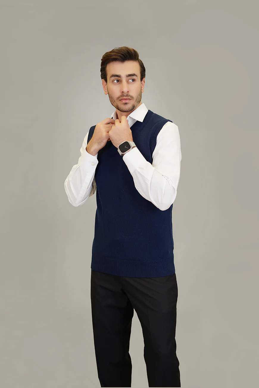 Sleeveless V-Neck Sweater - Marino Wool - Navy Blue Regular Fit - Image 4