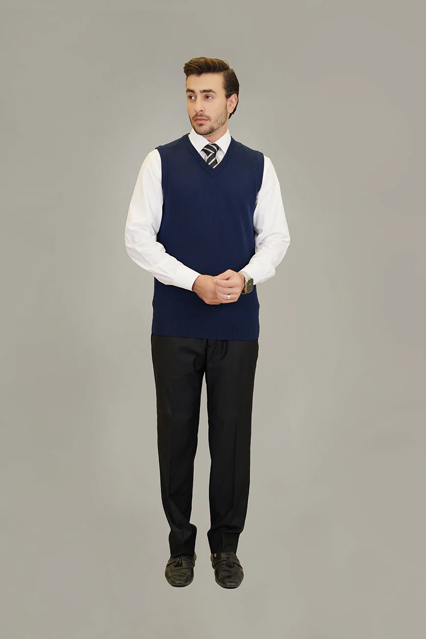 Sleeveless V-Neck Sweater - Marino Wool - Navy Blue Regular Fit - Image 5