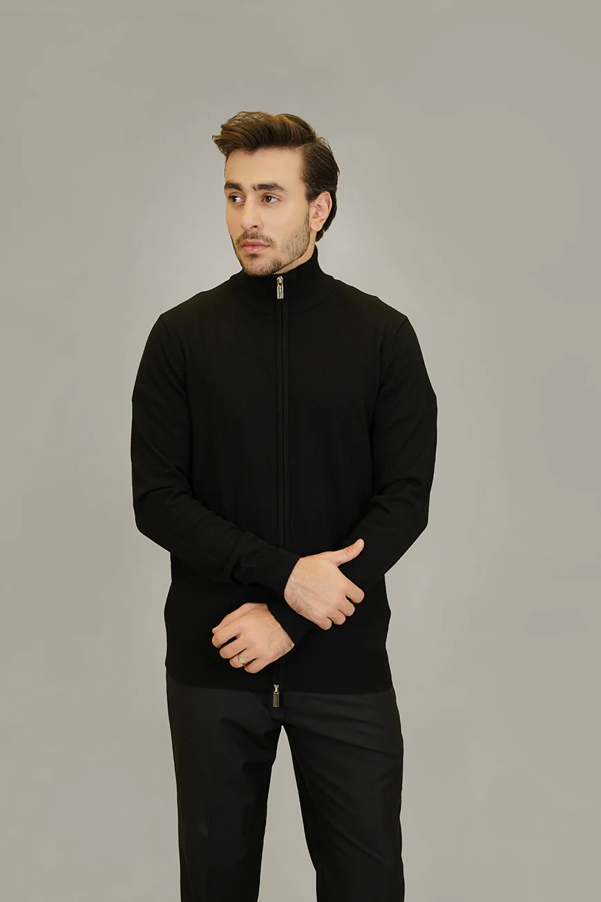 Full Zip Sweater - Merino Wool Black Plain Regular Fit - Image 3