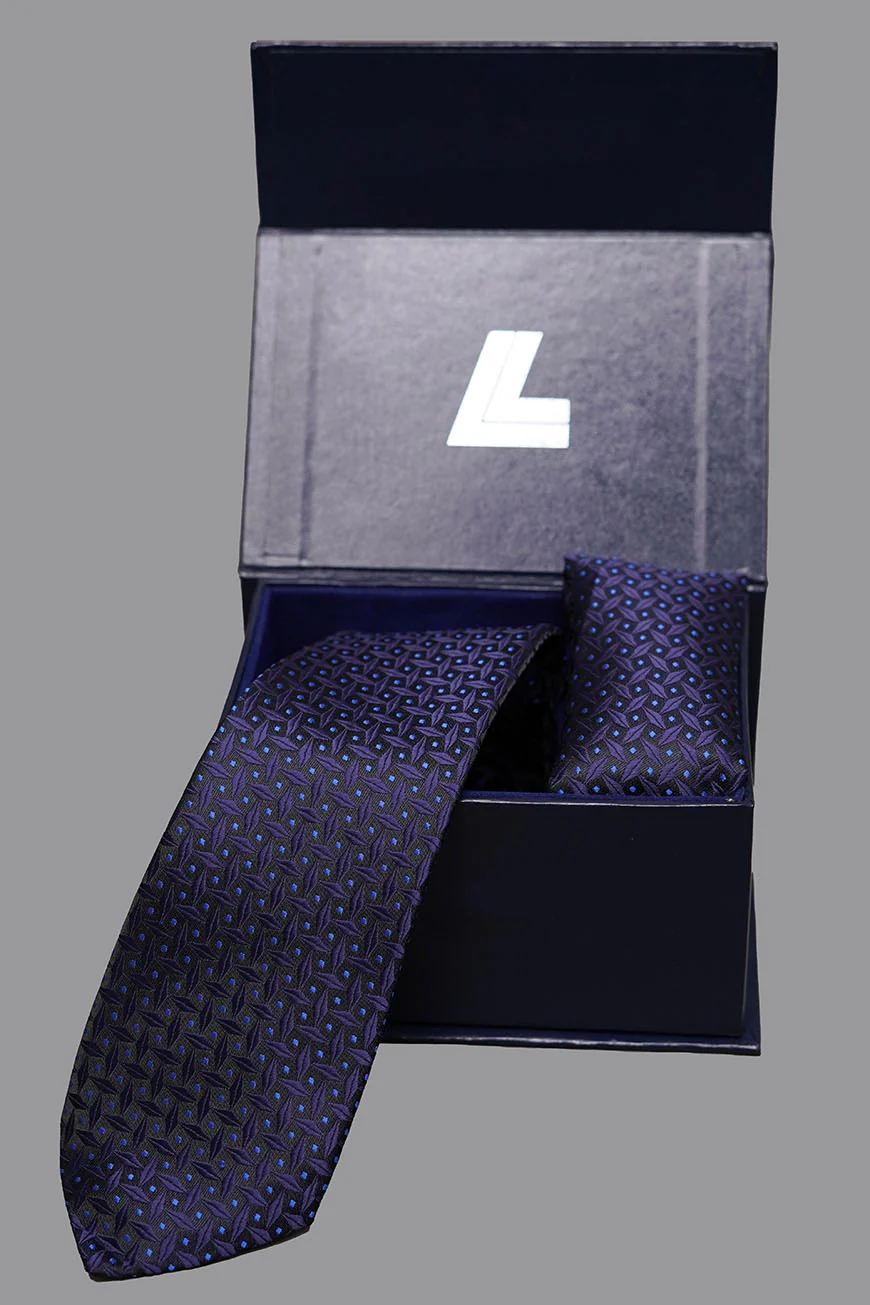 Tie & Pocket Square - Rich Silk Navy Blue Design
