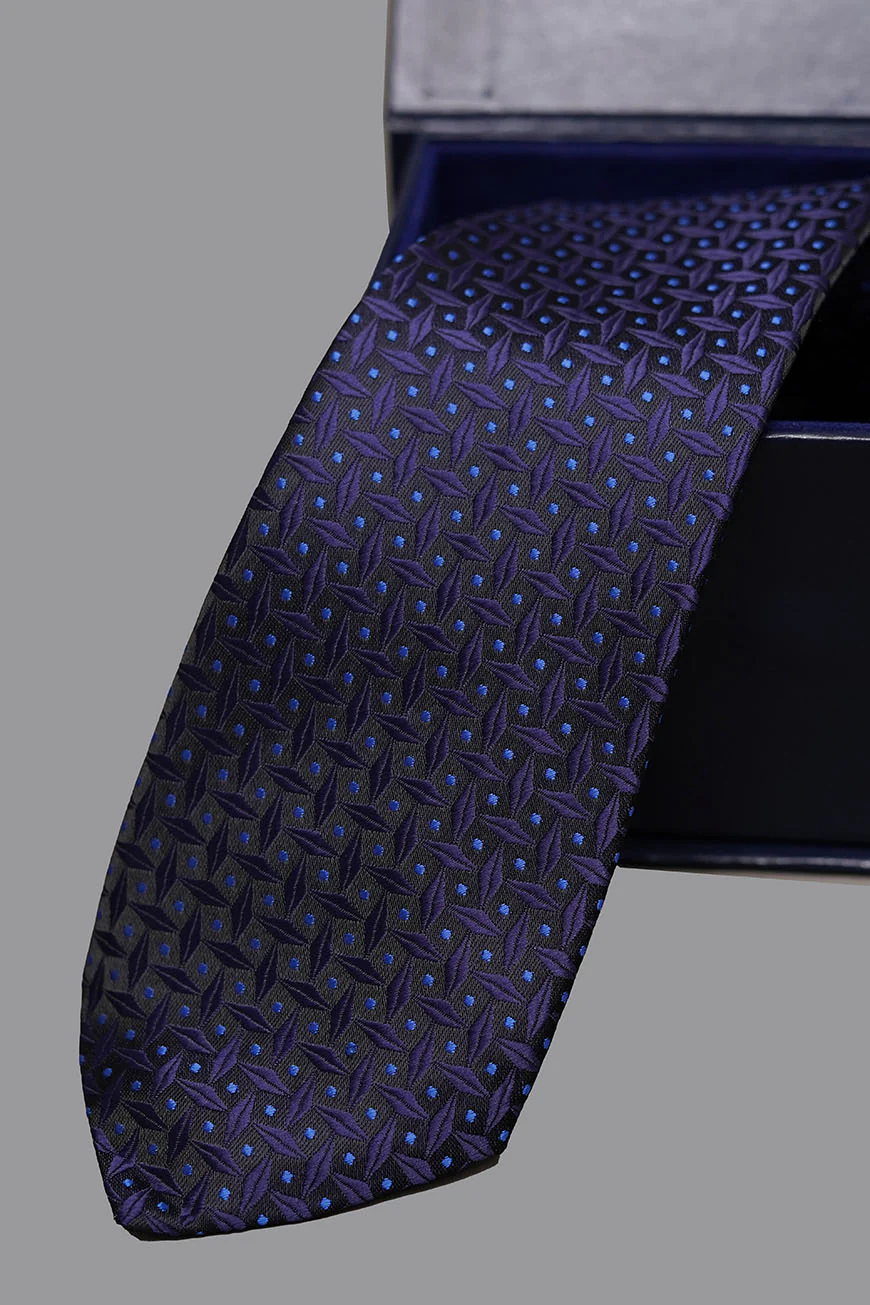 Tie & Pocket Square - Rich Silk Navy Blue Design - Image 2