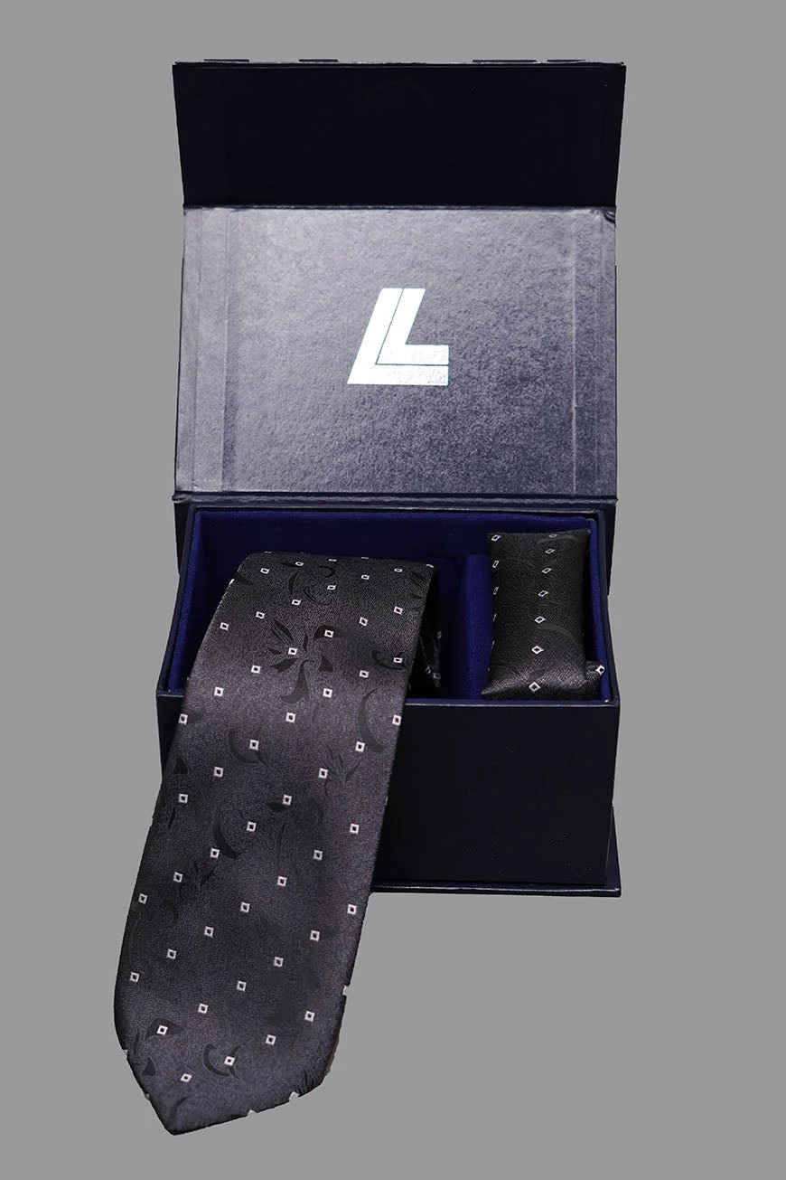Tie & Pocket Square - Rich Silk Grey Design - Image 3
