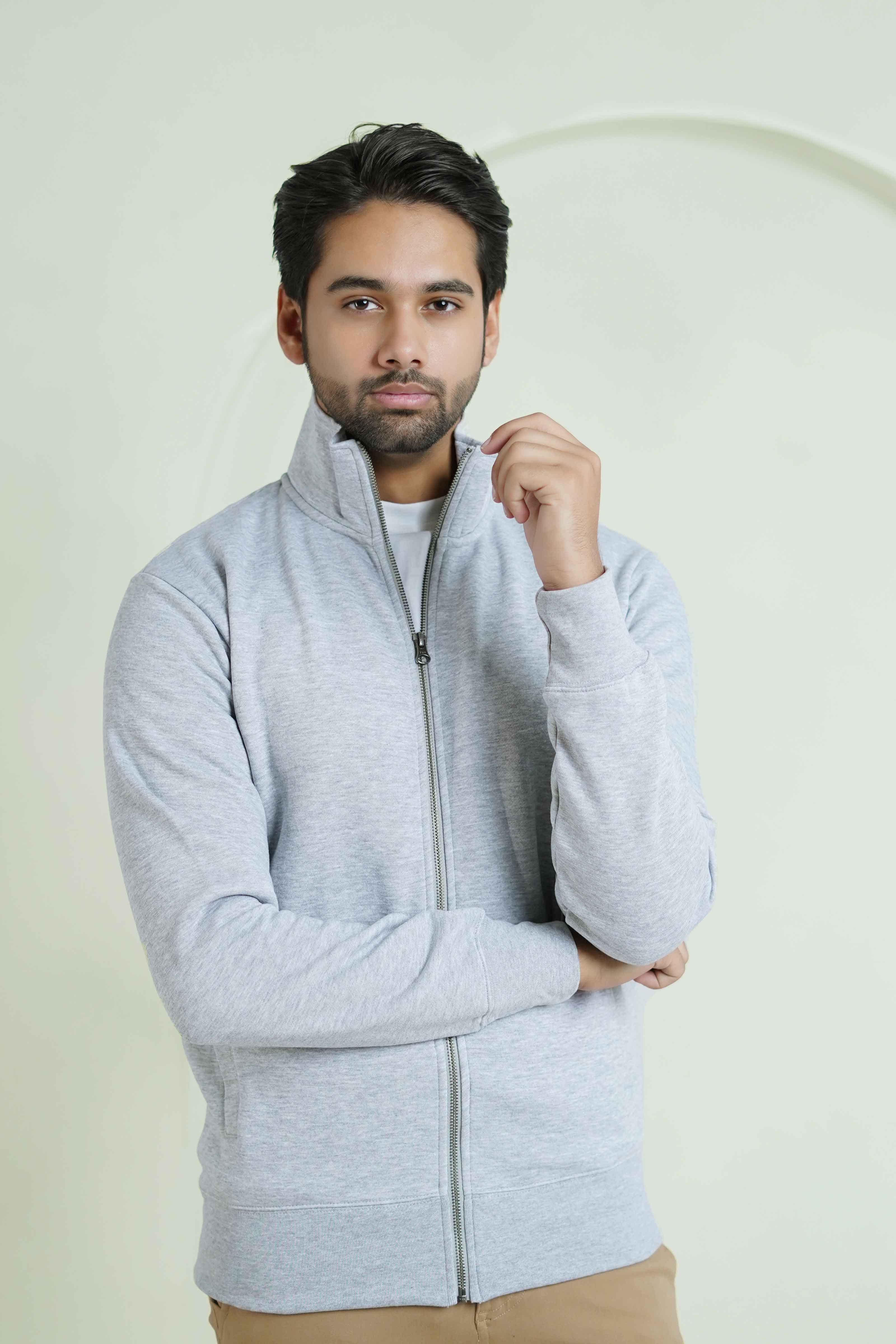 Zipper Mock - Woolen Fleece Grey Heather Plain - Image 3