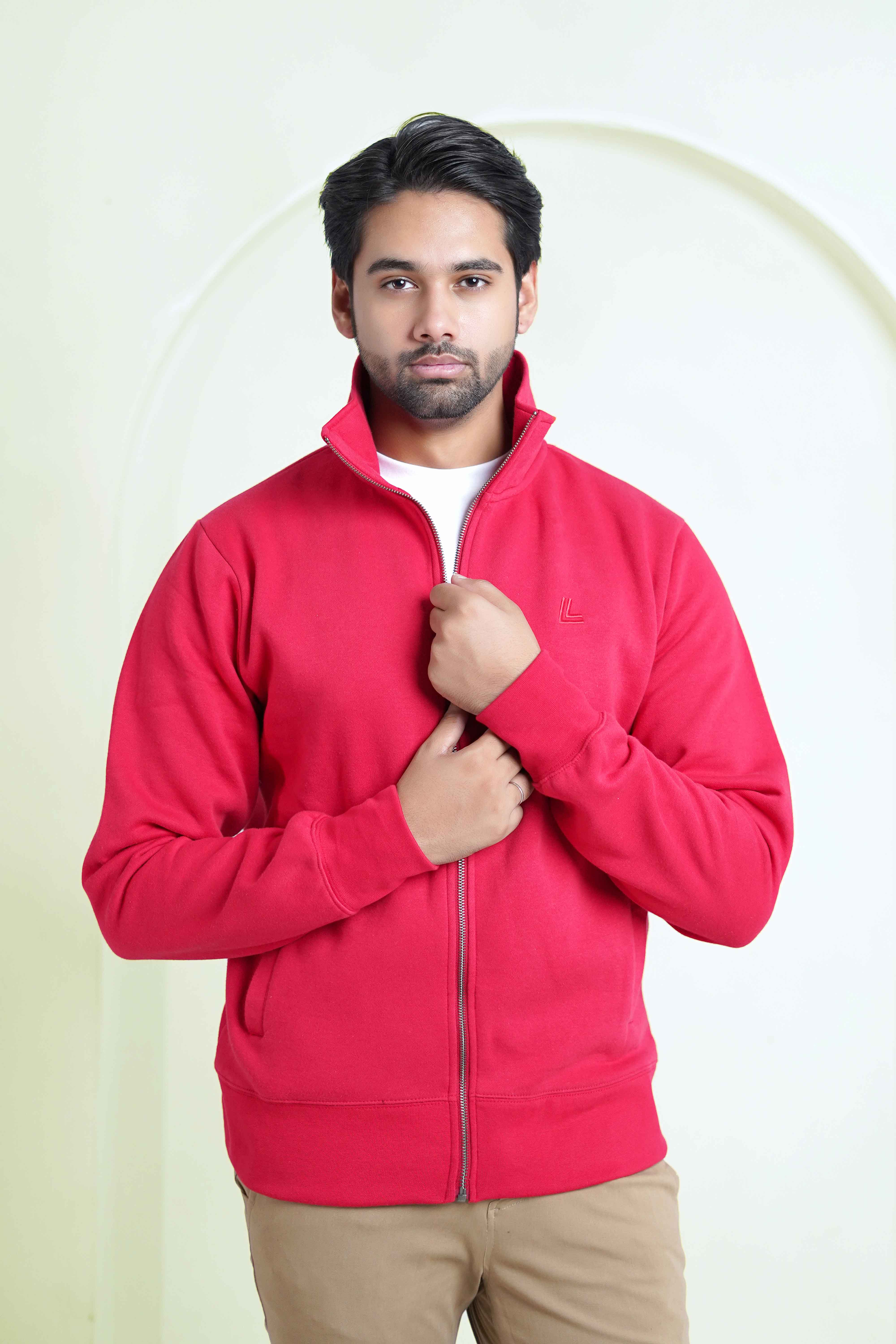 Zipper Mock - Woolen Fleece Red Plain - Image 3