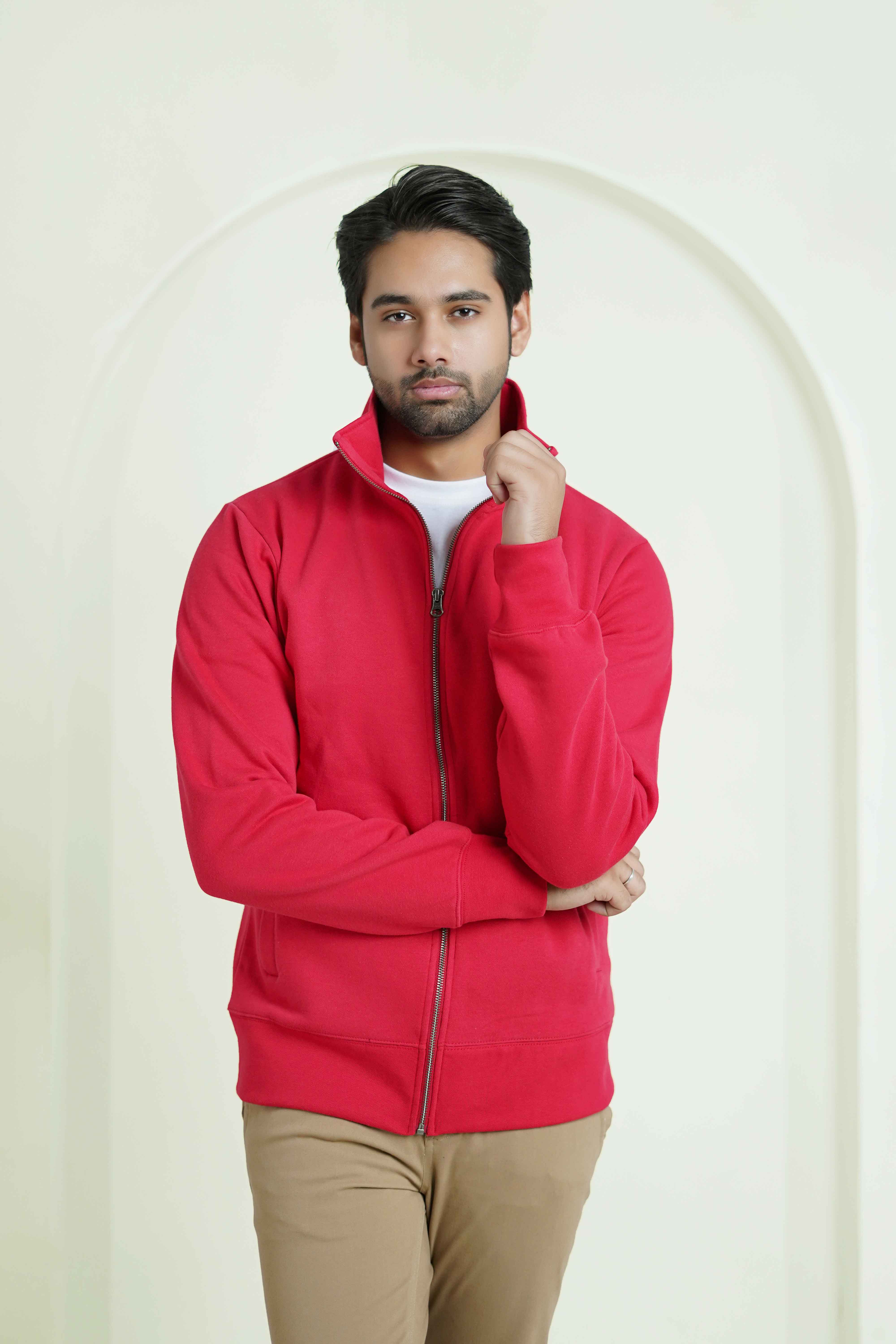 Zipper Mock - Woolen Fleece Red Plain - Image 4